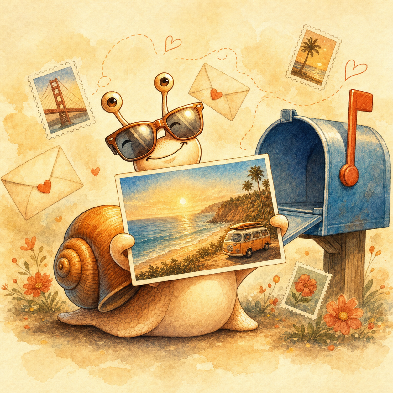 Watercolor illustration of a happy snail with sunglasses holding a beach photo postcard next to a mailbox